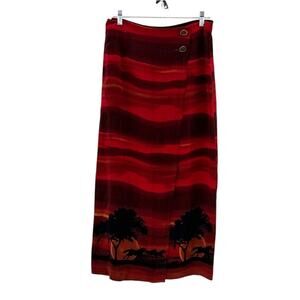 Rare Vintage Scully red wrap skirt safari scene depicted wooden button accents